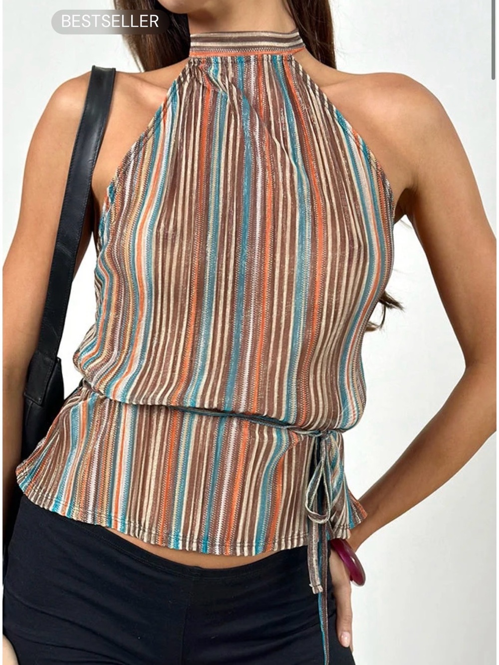 Motel Rocks Striped Halter Tie-Waist Camisole in Brown, Teal & Cream